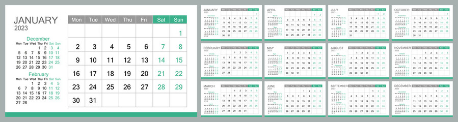 Wall monthly photo calendar 2023 in english.  Desk calendar 2023. Layout for 2023 in English. Calendar for 2023, templates for 12 months. The week starts on Monday. Vector illustration