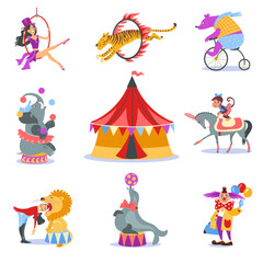 Cartoon circus animals. Trained seal and horse. Bear on unicycle. Tiger jumping over ring. Show artists in costumes. Trainer with lion. Gymnast and clown tricks. Splendid vector set