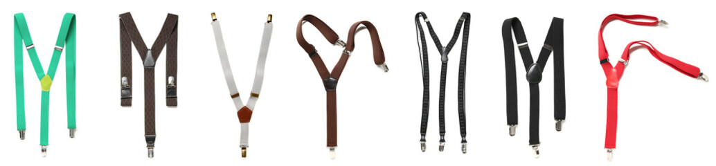Set of suspenders on white background