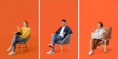 Group of different people sitting in comfortable armchairs on orange background