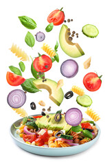 Plate with delicious pasta salad and falling ingredients on white background