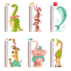 Cartoon kids growth rulers. Wall meters with funny tropical animals. Childish measuring centimeter scales. Monkeys and dolphin. Dinosaur or elephant. Splendid vector stadiometers set