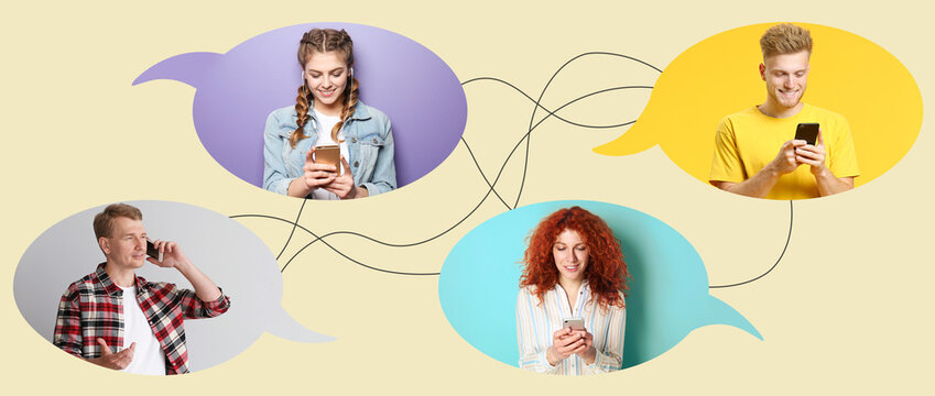 Collage of chatting friends with mobile phones on light background © Pixel-Shot