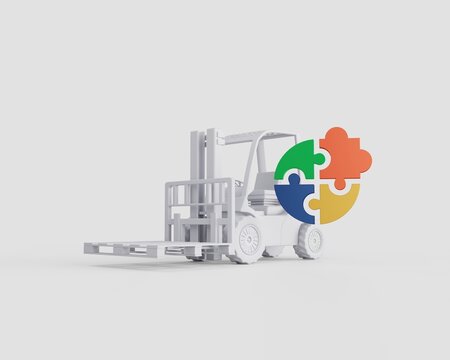 An electric forklift is a convenient tool for the formation of groupage cargo when working in a warehouse. Puzzles icon and loader. 3d rendering.