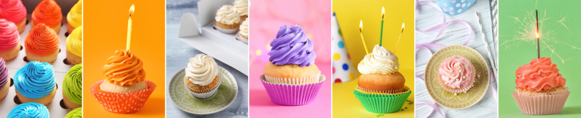 Collage with many sweet birthday cupcakes