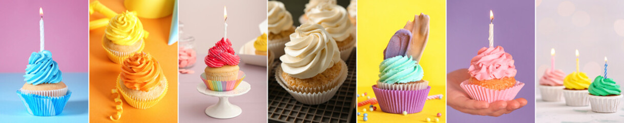 Collage with sweet birthday cupcakes