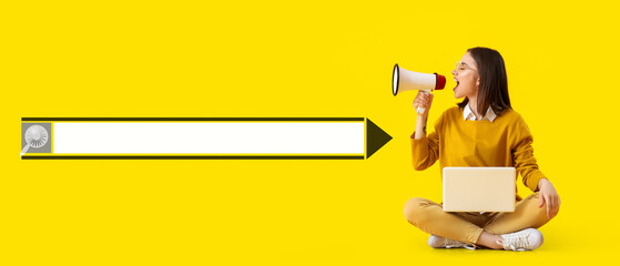 Screaming woman with megaphone, laptop and search field on yellow background