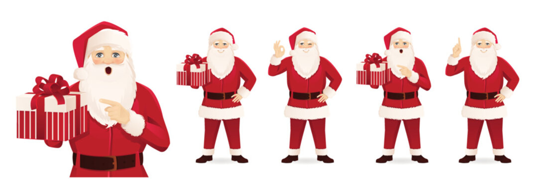 Cartoon Santa Claus character set with different gestures holding gift box. Vector Christmas illustration isolated on white background. 