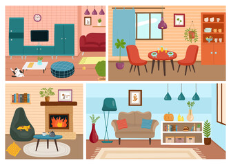 Home interior. Living room furniture. Apartment decor. Hygge design. Lamp and carpet. Plants in flowerpots. Dining table. Fireplace and armchair. Vector nowaday Scandinavian illustration