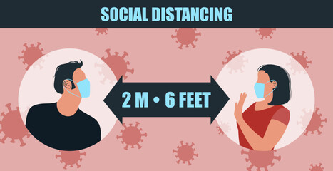 Social distancing concept. People wear face mask and keep distance. Man and woman in pandemic of coronavirus infection. Virus prevention infographic. Vector current illustration banner