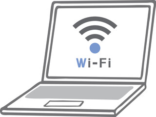 Wi-fiに接続されたノートパソコンのシンプルな線画のイラスト素材