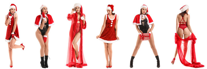 Set of sexy young woman dressed for Christmas on white background