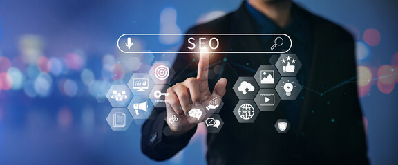 IT specialist person manage search engine optimization : SEO with social media content and advertisement from website. Banner with copy space.