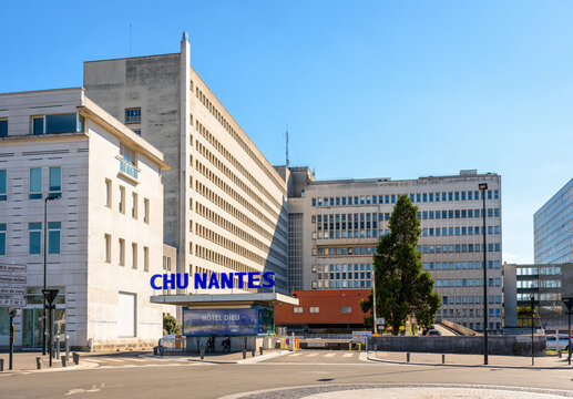 Nantes, France - September 17, 2022: Main entrance of the Centre Hospitalier Universitaire (CHU) de Nantes, an important regional university hospital.