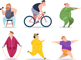 Fat people. Funny active characters making sport exercises workout outdoor activity exact vector cartoon fitness persons