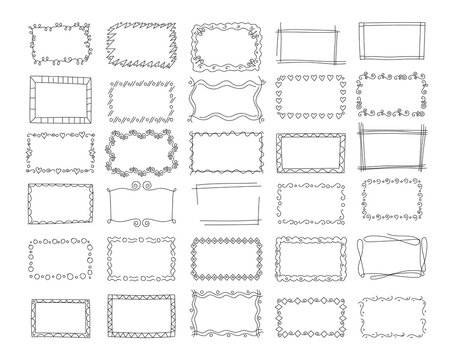 Hand drawn doodle sketch frames for photo. Vintage paper letter, simple outline icon art, brush tidy vignettes. Pencil or pen drawing ornament. Posters template. Vector cartoon pictures