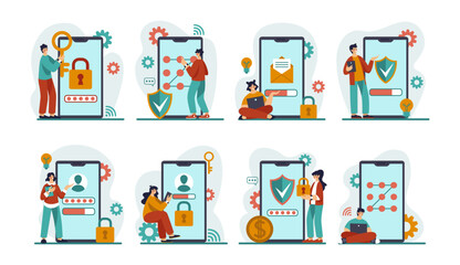 People with huge smartphones. User login and password. Online register. Web bank secure. Computer account authorization. Mobile application. Private encrypted key. Vector tidy concepts set