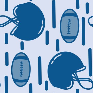 Hand drawn american football seamless pattern. Blue sports football helmet ball cup trophy hand fan number one , simple minimalist graphic art, game day mom fabric print, team equipment design.