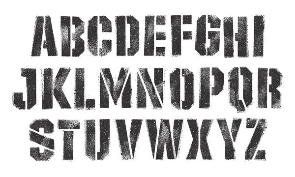 Stencil font with spray paint texture with mis-printed overspray. Highly detailed vector textures taken from high res scans. Compound path and optimised. Original design font