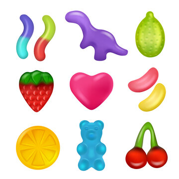 Jelly candies. Gelatin delicious products in funny forms fishes gummy bear cherry decent vector realistic pictures of snacks for kids