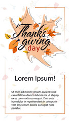 Thanksgiving day greeting card with autumn leaves isolated on white background. Typography with maple and oak leaves. Flat style vector illustration flyer template