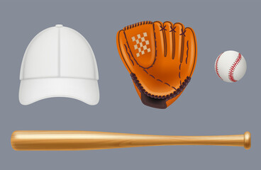 Baseball equipment. Sport uniform and tools for baseball players t shirt ball gloves cap and bat decent vector mockup templates
