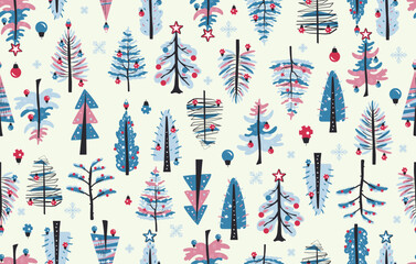 Xmas tree pattern, wallpaper design, winter holidays print. Cold season wrapping paper, hand drawn fir trees with garland, glass toys. Exact cute snowflakes. Vector seamless background