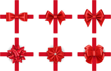 Realistic gift bows. Red giftbox ribbons textile, gifting tie wraps for xmas holiday present decorations