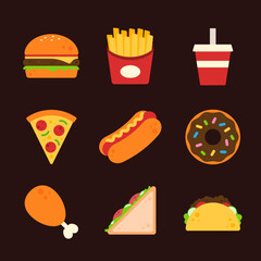Collection of fast foods. Hamburger, french fries, soft drink, pizza, hot dog, donut, fried chicken drumstick, sandwich, and taco. Set of cute cartoon meal dish icons. Flat vector design illustration.