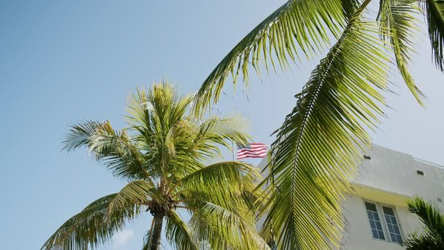 Miami Beach Ocean Drive Plaza Hotel Facade Street View American US Flag
