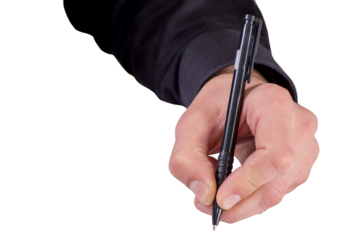 Person writes and draws in a free empty space with a pen. Isolated mockup with copy space