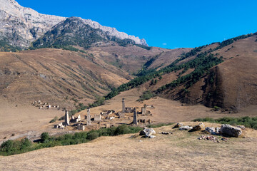 Old Targim towers complex, one of the largest medieval castle-type tower villages, located on the extremity of the mountain range in Ingushetia, Russia.