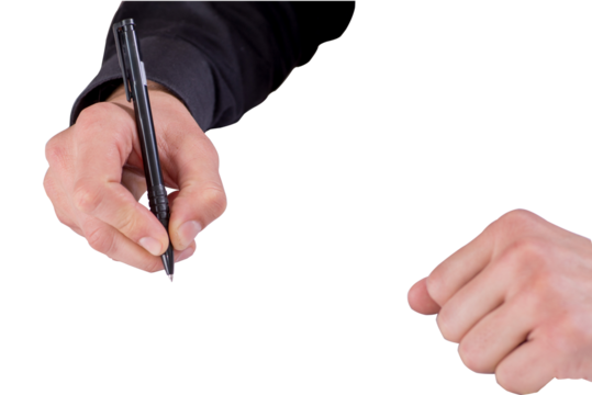 Male writes and draws in a free empty space with a pen. Isolated mockup on the table with copy space
