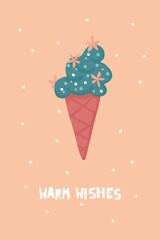 Warm wishes, holidays card. Blue ice cream in waffle cone. Christmas vector illustration
