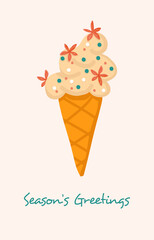 Season's Greetings card. Spicy ice cream cone with star anise and sugar balls . Vector illustration in orange, beige, yellow, blue, white colors. For autumn, fall holidays Halloween, Thanksgiving