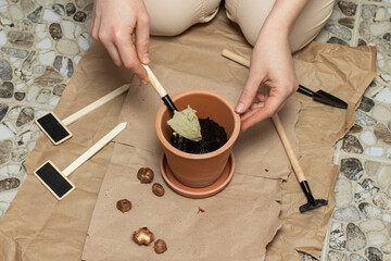 A woman prepares soil for planting flowers in a pot. Top view.
