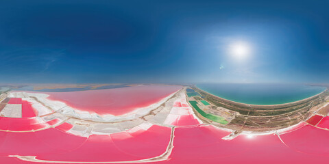 Pink salt lake bright lagoons. Aerial Seamless 360 degree spherical equirectangular panorama of...