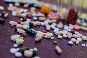 Heap of medicine pills. Close up of colorful tablets and capsules
