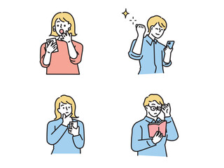 スマートフォンを持った男女のイラスト(スマホ、SNS、副業、キャッシュレス、ネットワーク、読書)
Illustrations of men and women holding smartphones.Smartphone, SNS, side job, cashless, network, reading.