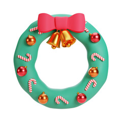 Christmas wreath with ribbon and golden bells 3d illustration