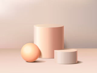 Vector 3d cream podium and orange sphere, minimal abstract gray background 3d rendering geometric shape cream.
 Stage showcase on pedestal display cream studio. 3d Illustration