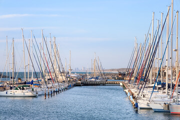 Fototapeta premium Beautiful view of different yachts with masts at sunset
