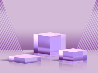3d vector glass box puple cube and geometry backdrop translucent, cosmetics showcase with minimal scene. 3d Illustration