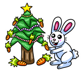 Stylized Happy Bunny Decorating a Christmas Tree