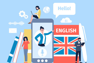 English online learning. Student using mobile app, people group and digital education. Person use phone translate, foreign language lesson recent vector scene