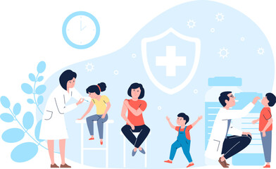 Children vaccination doctor and nurse. Kids receiving vaccine, immunization and treatment. Professional medical staff and patients recent vector concept