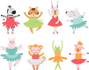 Cartoon isolated ballerina animals. Dancing bunny, zebra and tiger. Ballet animal dance, funny scandinavian style classy childish vector clipart © LadadikArt