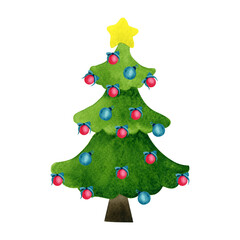 Christmas tree with a star and Christmas balls. Christmas watercolor illustration.