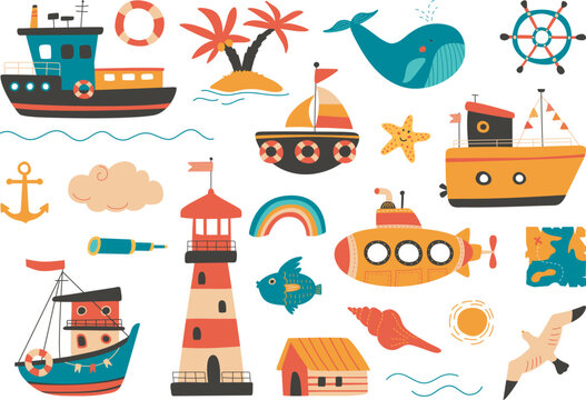 Kids ship, sailboat and submarine. Isolated scandinavian lighthouse, flying seagull and beach house. Cartoon flat palm tree, anchor and classy pirate map vector clipart