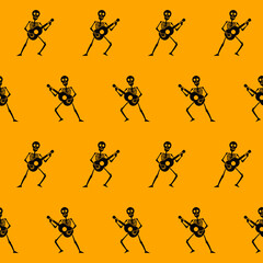 Black skeleton musician with guitar. Halloween seamless pattern